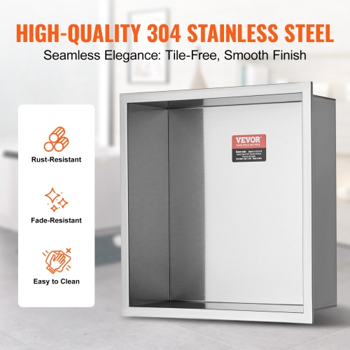 VEVOR 13"x13" No Tile Shower Niche 304 Stainless Steel, Wall-Inserted Niche Recessed Double Shelves, Sealed Waterproof Rust-Resistant Modern Niche