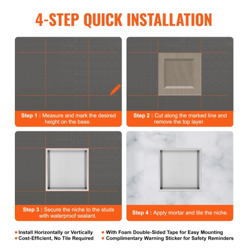 VEVOR 13"x13" No Tile Shower Niche 304 Stainless Steel, Wall-Inserted Niche Recessed Double Shelves, Sealed Waterproof Rust-Resistant Modern Niche