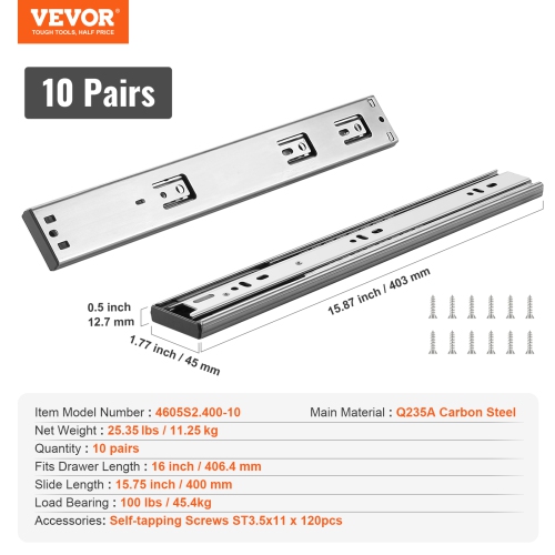 VEVOR 10 Pairs of 16 Inch Drawer Slides Side Mount Rails, Heavy Duty Full Extension Steel Track, Soft-Close Noiseless Guide Glides with Ball Bearing,
