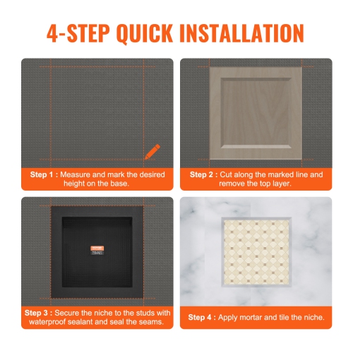 VEVOR 16" x 16" Shower Niche Ready for Tile, Single Shelf Organizer, Square Corners Wall-inserted Niche Recessed, Sealed Protection Modern Soap