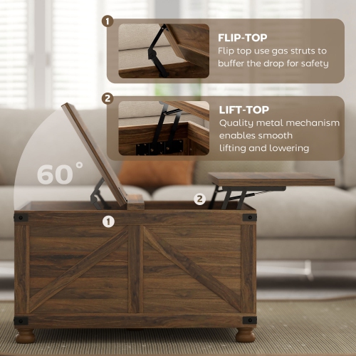 HOMCOM Lift Top Coffee Table, 32" Farmhouse Center Table with Hidden Compartment, Lifting Top and Pine Wood Legs for Living Room, Meeting Room, Brown
