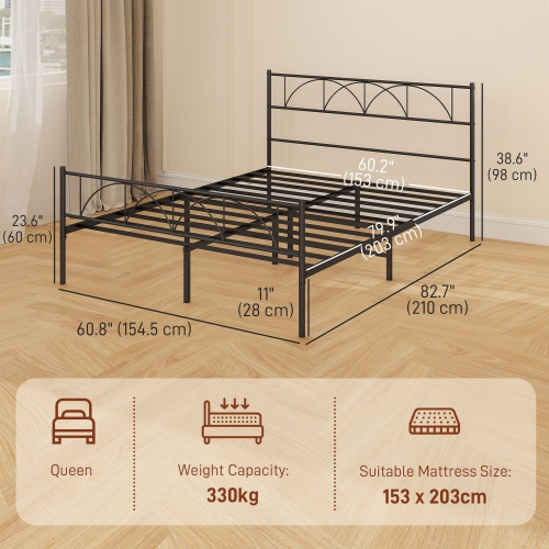 HOMCOM Queen Bed Frame, Metal Platform Bed Frame with Headboard and Footboard, Steel Slat Support, Underbed Storage, No Box Spring Needed, Easy