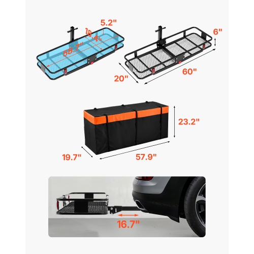 VEVOR 60" x 20" x 6",Hitch Cargo Carrier, 500 lbs Capacity Hitch Cargo Carrier with Cargo Net & Waterproof Cargo Bag,Folding Hitch Mount Cargo