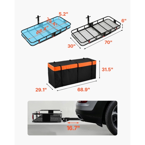 VEVOR 70" x 30" x 6", Hitch Cargo Carrier, 500 lbs Capacity Hitch Cargo Carrier with Ratchet Straps & Cargo Bag, Folding Hitch Mount Cargo Carrier