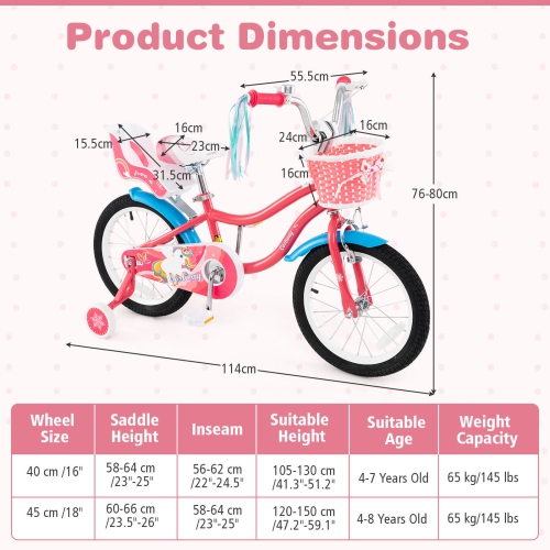 Costway 14 Inch Kids Bike with Basket Doll Seat & Colorful Streamers 2 Training Wheels