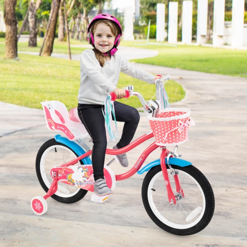 Costway 14 Inch Kids Bike with Basket Doll Seat & Colorful Streamers 2 Training Wheels