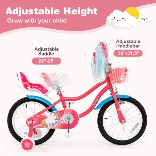 Costway 14 Inch Kids Bike with Basket Doll Seat & Colorful Streamers 2 Training Wheels
