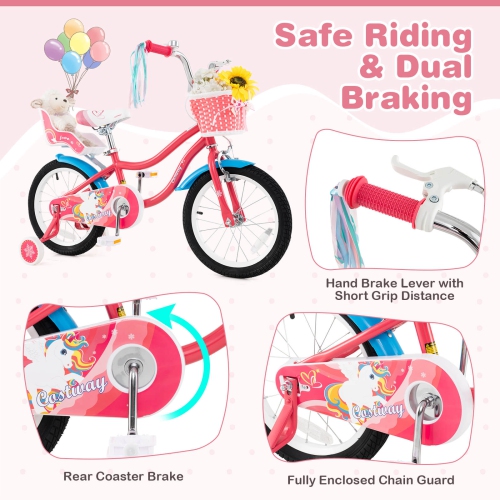 Costway 14 Inch Kids Bike with Basket Doll Seat & Colorful Streamers 2 Training Wheels