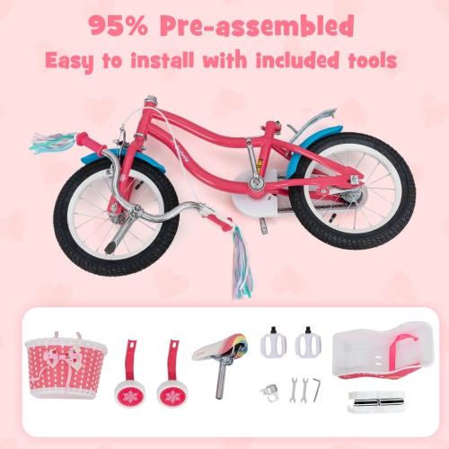 Costway 14 Inch Kids Bike with Basket Doll Seat & Colorful Streamers 2 Training Wheels