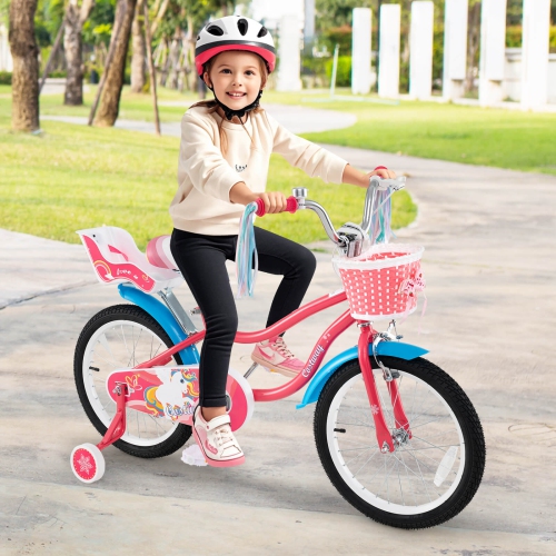 Costway 14 Inch Kids Bike with Basket Doll Seat & Colorful Streamers 2 Training Wheels