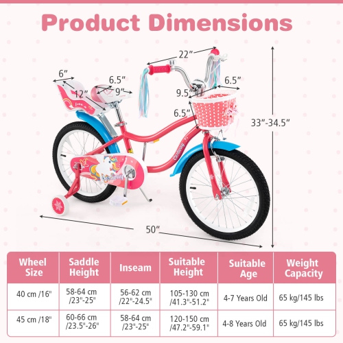 Costway 14 Inch Kids Bike with Basket Doll Seat & Colorful Streamers 2 Training Wheels
