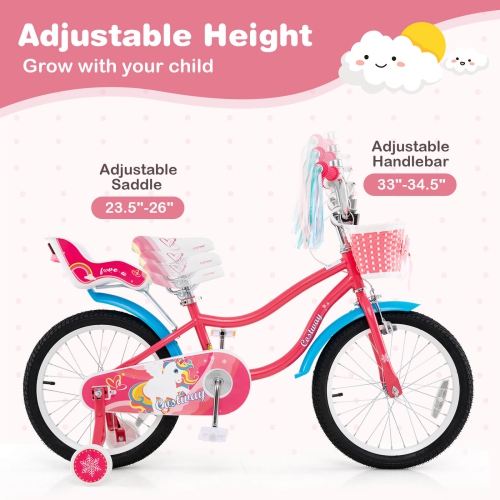 Costway 14 Inch Kids Bike with Basket Doll Seat & Colorful Streamers 2 Training Wheels