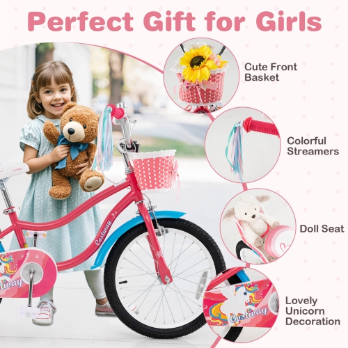 Costway 14 Inch Kids Bike with Basket Doll Seat & Colorful Streamers 2 Training Wheels