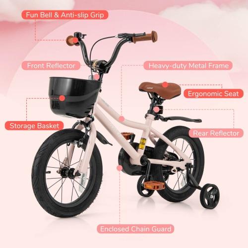 Vélo pour enfants de 12, 14, 16 et 18 po de Costway avec roues stabilisatrices, guidon réglable et siège, frein à main rose