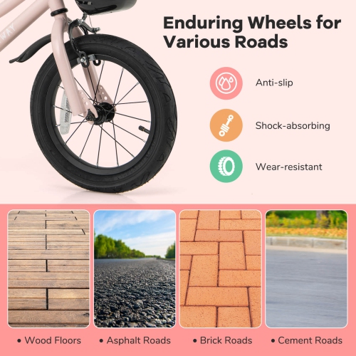 Vélo pour enfants de 12, 14, 16 et 18 po de Costway avec roues stabilisatrices, guidon réglable et siège, frein à main rose