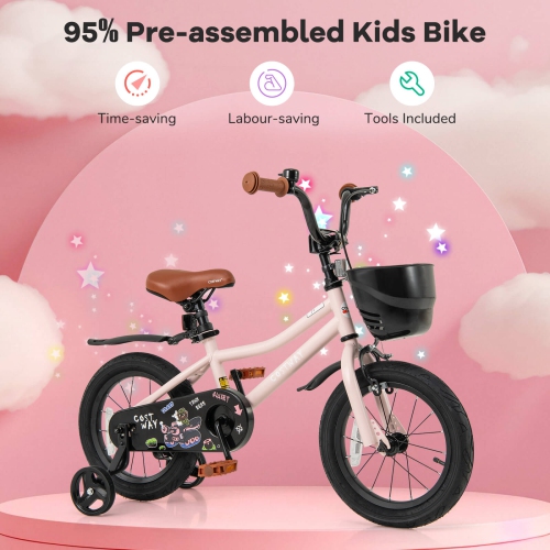 Vélo pour enfants de 12, 14, 16 et 18 po de Costway avec roues stabilisatrices, guidon réglable et siège, frein à main rose