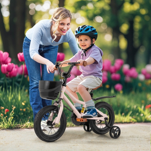 Costway 12"/14"/16"/18" Kid's Bike with Training Wheels Adjustable Handlebar & Seat Handbrake Pink