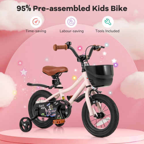 Costway 12"/14"/16"/18" Kid's Bike with Training Wheels Adjustable Handlebar & Seat Handbrake Pink