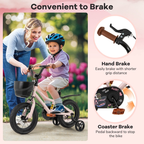 Costway 12"/14"/16"/18" Kid's Bike with Training Wheels Adjustable Handlebar & Seat Handbrake Pink