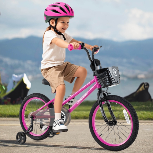 Vélo pour enfants de Costway avec roues stabilisatrices, guidon réglable et siège, frein à main noir/rose/argenté