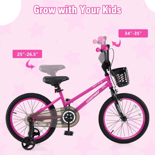 Vélo pour enfants de Costway avec roues stabilisatrices, guidon réglable et siège, frein à main noir/rose/argenté