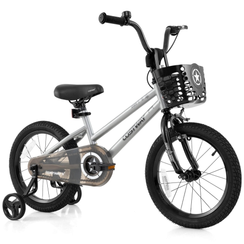 Vélo pour enfants de Costway avec roues stabilisatrices, guidon réglable et siège, frein à main noir/rose/argenté