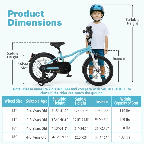 Costway 12"/14"/16"/18" Kids Bike for 3-4 Years Old Boys & Girls with Adjustable Seat Handbrake Reflectors Blue/Purple/Red