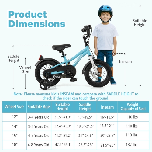 Costway 12"/14"/16"/18" Kids Bike for 3-4 Years Old Boys & Girls with Adjustable Seat Handbrake Reflectors Blue/Purple/Red