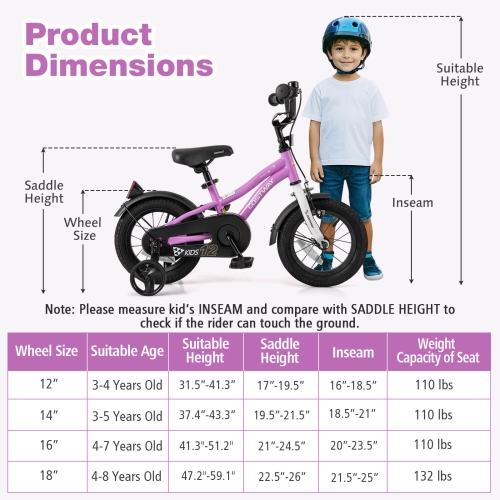 Costway 12"/14"/16"/18" Kids Bike for 3-4 Years Old Boys & Girls with Adjustable Seat Handbrake Reflectors Blue/Purple/Red