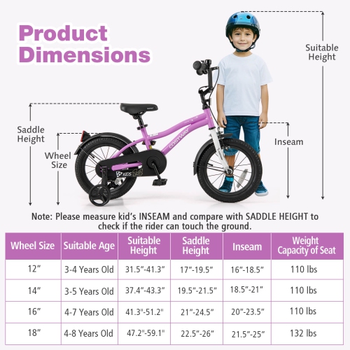 Vélo pour enfants de 12 po/14 po/16 po/18 po de Costway pour garçons et filles de 3-4 ans avec siège ajustable réfléchissants