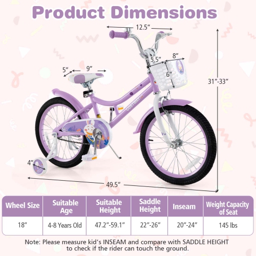 Vélo pour fille de Costway avec roues stabilisatrices amovibles siège réglable Frein à main Sous-verre violet de Costway