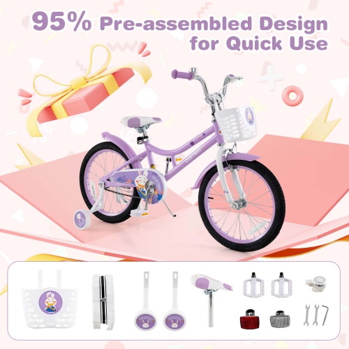 Vélo pour fille de Costway avec roues stabilisatrices amovibles siège réglable Frein à main Sous-verre violet de Costway