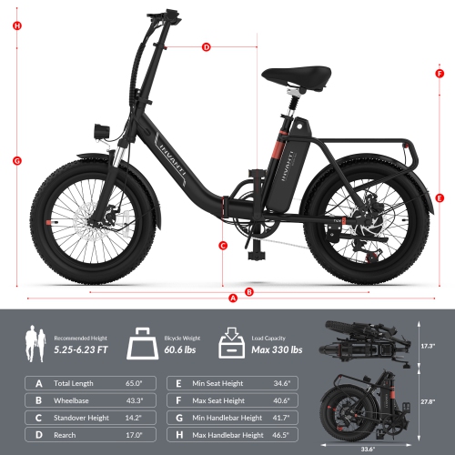 INVANTI BB11 Foldable Fat Tire Electric Bike for Adults - 72KM Long Range, 900W Peak Motor | All-Terrain Front Suspension & 7-Speed | Commuting &