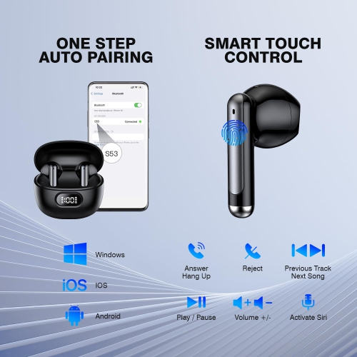 LED Display Wireless Earbuds Bluetooth 5.3 Touch Control Stereo Sound Headphones Clear Call Eeaphones