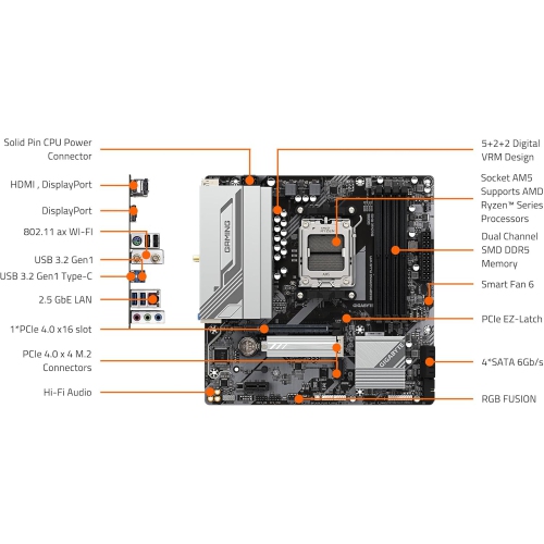 GIGABYTE – 650 M Gaming Plus Wi-Fi AM5 LGA 1718 AMD 650 M-ATX, DDR5, PCIe 4,0 M.2, PCIe 4,0, USB-C 3,2 de 1e génération, Wi-Fi 6E,