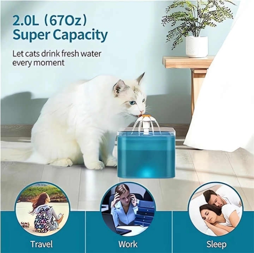 2L Pet Drinking Fountain with LED Light – Translucent design and bright LED light, ultra-quiet and quadruple filtration, 3 fountain drinking designs