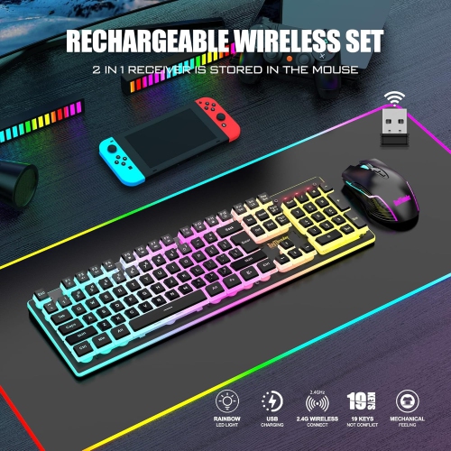 Ensemble clavier et souris de jeu sans fil RedThunder K10 – LED rétroéclairé, batterie 3800 mAh, sensation mécanique, anti-effet fantôme, souris