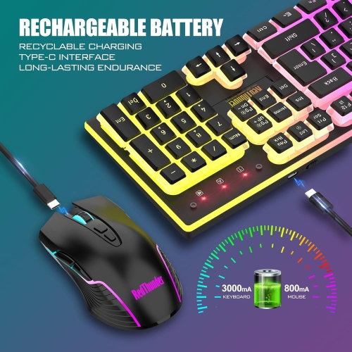 Ensemble clavier et souris de jeu sans fil RedThunder K10 – LED rétroéclairé, batterie 3800 mAh, sensation mécanique, anti-effet fantôme, souris