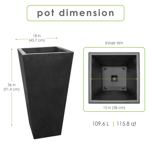 Tierra Verde 18in W x 36in H Sonata Classic Self-Watering Tapered X-Large Square Indoor/Outdoor Planter-Black