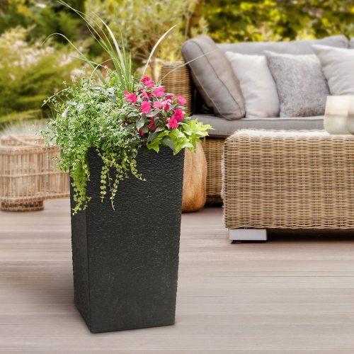 Tierra Verde 13in W x 26in H Citadel Stucco Large Recycled Self-Watering Indoor/Outdoor Column Planter in Black