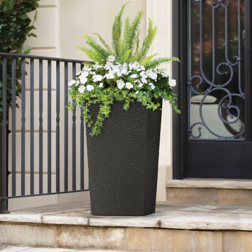 Tierra Verde 13in W x 26in H Citadel Stucco Large Recycled Self-Watering Indoor/Outdoor Column Planter in Black