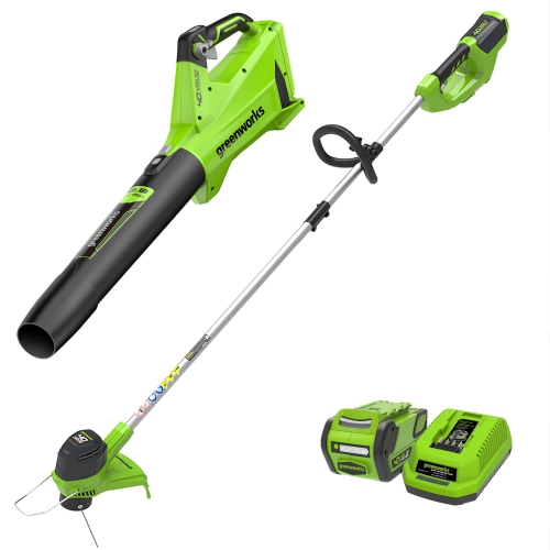 Greenworks 40V 12" String Trimmer & 40V 125 MPH - 450 CFM Jet Blower New Version, 4.0 AH Battery and Charger Included