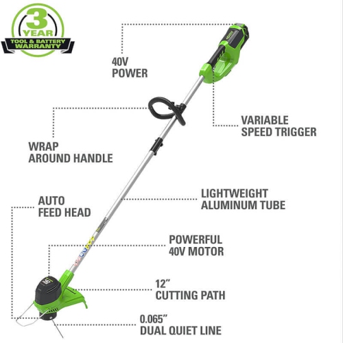 Greenworks 40V 12" String Trimmer & 40V 125 MPH - 450 CFM Jet Blower New Version, 4.0 AH Battery and Charger Included