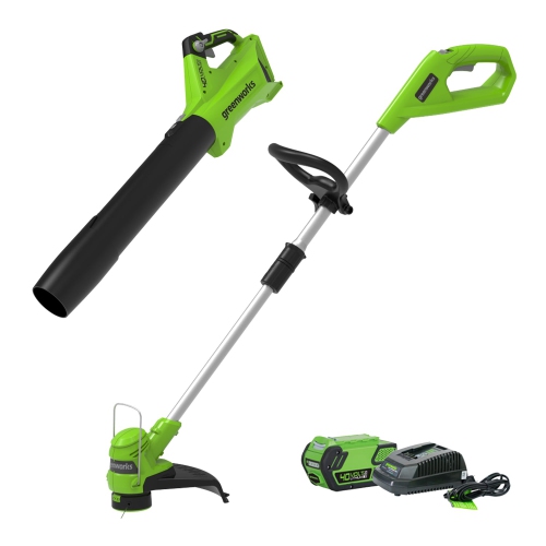 Image 1 de 10.. Coupe-herbe à fil de 12&nbsp;po 40&nbsp;V de Greenworks, 120&nbsp;MpxH de 40&nbsp;V, souffleur à jet de 450 pi3/min, batterie 4,0&nbsp;Ah et chargeur