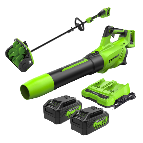 Greenworks 48V Brushless 12" Snow Shovel & 585 CFM Blower Combo Kit, (2) 4.0Ah Batteries and Dual Port Charger