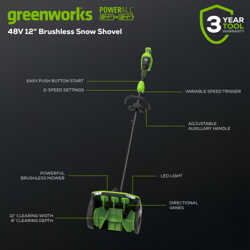 Greenworks 48V Brushless 12" Snow Shovel & 585 CFM Blower Combo Kit, (2) 4.0Ah Batteries and Dual Port Charger