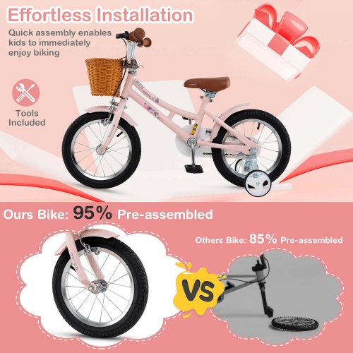 Vélo de 14 po de Costway avec guidon réglable en hauteur et panier de siège Roues d'entraînement rose