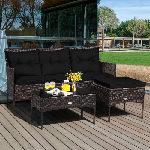 Image 1 de 10.. Ensemble de meubles de jardin en rotin 3 pièces de Costway, 3 places, canapé, table coussinée, jardin