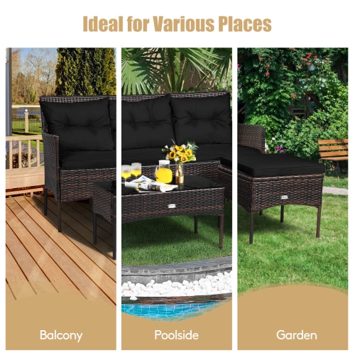 Costway 3PCS Patio Rattan Furniture Set 3-Seat Sofa Cushioned Table Garden