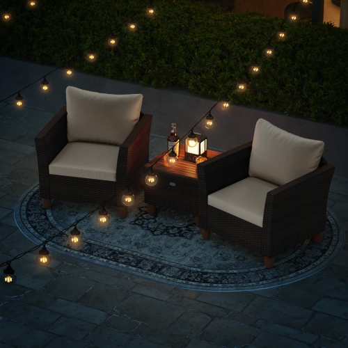 Costway 3 PCS Outdoor Patio Rattan Bistro Furniture Set Wooden Table Top Cushioned Sofa Gray/Black/Beige/Navy